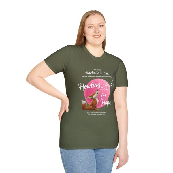 'Howling for Hope' Rachelle H. Lui Memorial Breast Cancer Awareness 5K Unisex T-Shirt, Softstyle Tee - Image 26