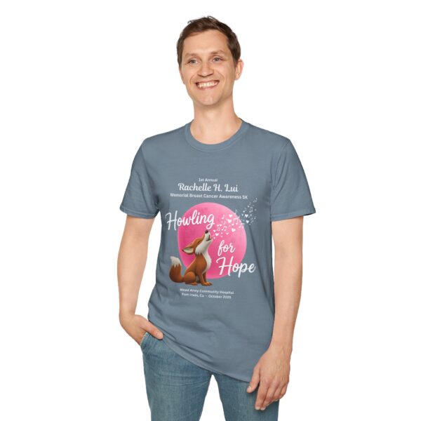'Howling for Hope' Rachelle H. Lui Memorial Breast Cancer Awareness 5K Unisex T-Shirt, Softstyle Tee - Image 43