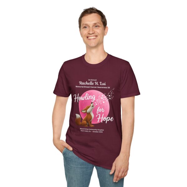 'Howling for Hope' Rachelle H. Lui Memorial Breast Cancer Awareness 5K Unisex T-Shirt, Softstyle Tee - Image 19