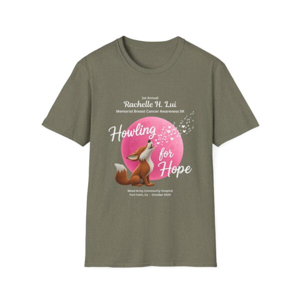 'Howling for Hope' Rachelle H. Lui Memorial Breast Cancer Awareness 5K Unisex T-Shirt, Softstyle Tee - Image 21