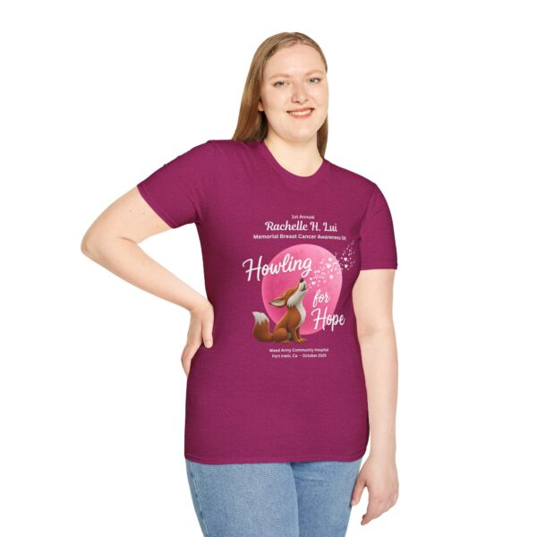'Howling for Hope' Rachelle H. Lui Memorial Breast Cancer Awareness 5K Unisex T-Shirt, Softstyle Tee - Image 34