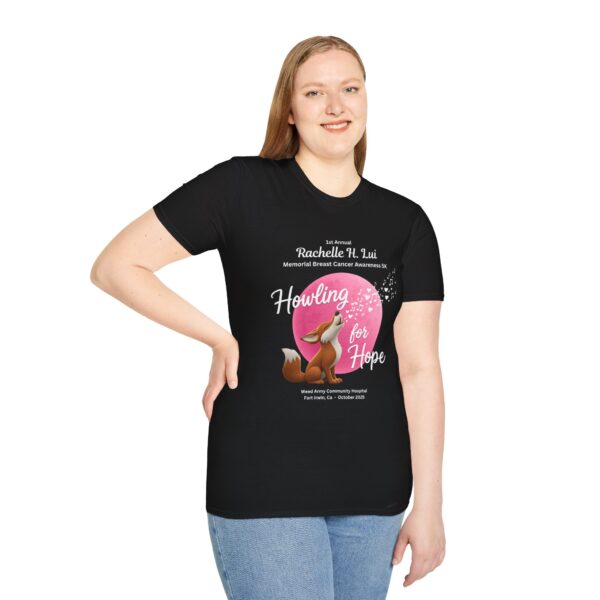 'Howling for Hope' Rachelle H. Lui Memorial Breast Cancer Awareness 5K Unisex T-Shirt, Softstyle Tee - Image 2