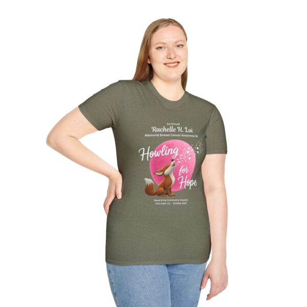 'Howling for Hope' Rachelle H. Lui Memorial Breast Cancer Awareness 5K Unisex T-Shirt, Softstyle Tee - Image 22