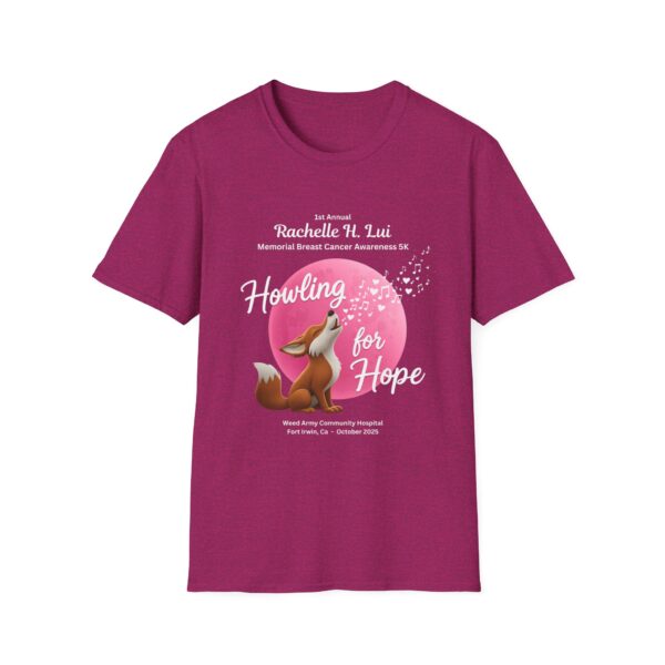 'Howling for Hope' Rachelle H. Lui Memorial Breast Cancer Awareness 5K Unisex T-Shirt, Softstyle Tee - Image 33