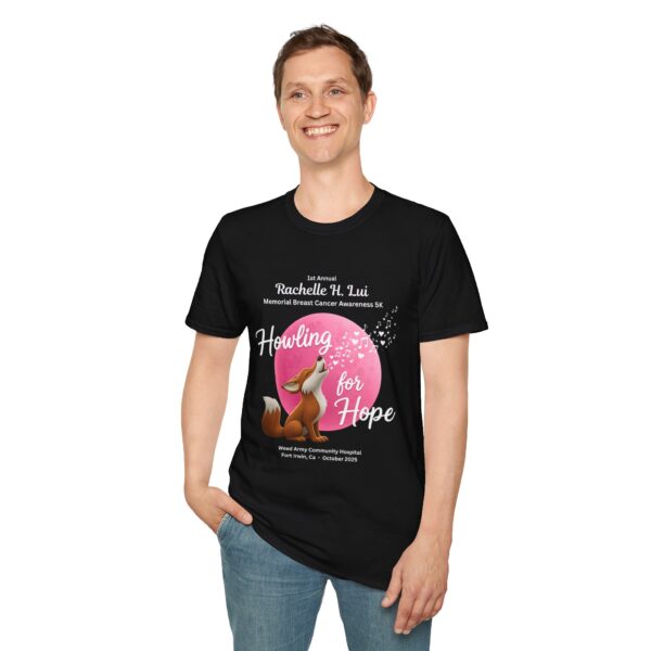 'Howling for Hope' Rachelle H. Lui Memorial Breast Cancer Awareness 5K Unisex T-Shirt, Softstyle Tee - Image 3