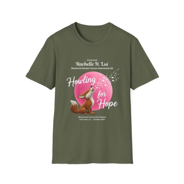 'Howling for Hope' Rachelle H. Lui Memorial Breast Cancer Awareness 5K Unisex T-Shirt, Softstyle Tee - Image 25