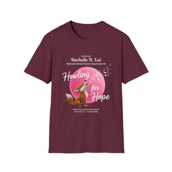 'Howling for Hope' Rachelle H. Lui Memorial Breast Cancer Awareness 5K Unisex T-Shirt, Softstyle Tee - Image 17