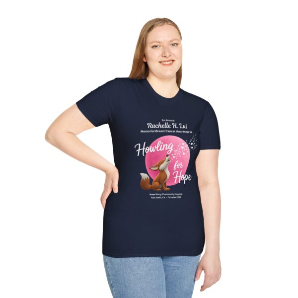 'Howling for Hope' Rachelle H. Lui Memorial Breast Cancer Awareness 5K Unisex T-Shirt, Softstyle Tee - Image 6