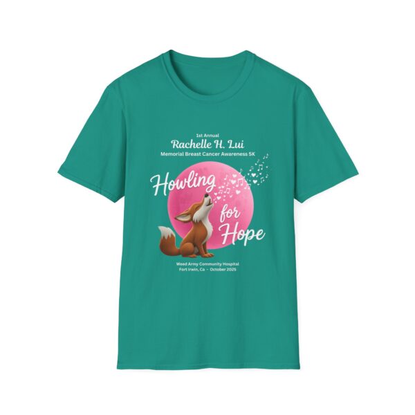 'Howling for Hope' Rachelle H. Lui Memorial Breast Cancer Awareness 5K Unisex T-Shirt, Softstyle Tee - Image 37